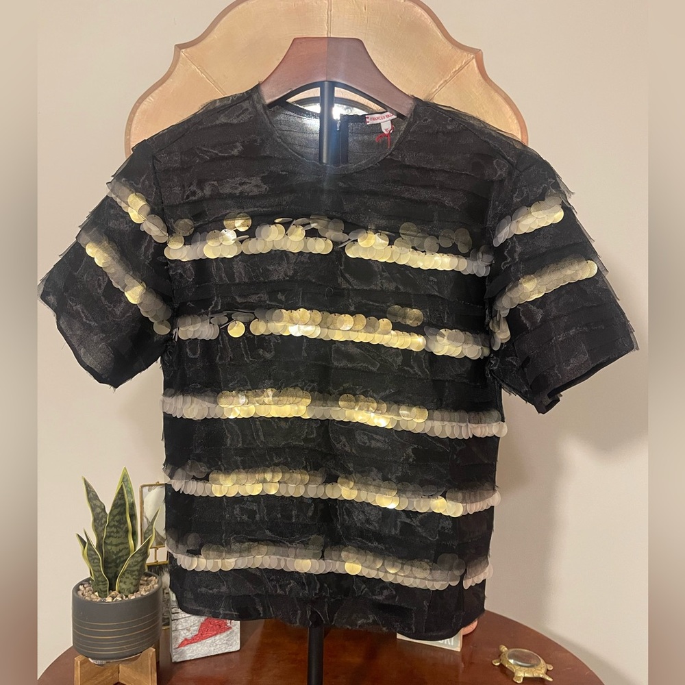 Frances Valentine Laine Black & Gold Textured Mesh Sequin Top NYE Night Out - Picture 4 of 17
